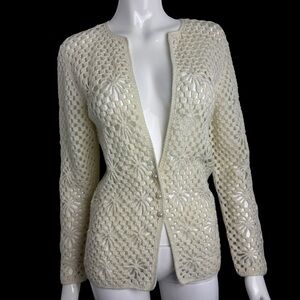 LeRoy 70s Snowflake Crochet Cardigan w/ Pearls & Silver Lurex | Cottagecore